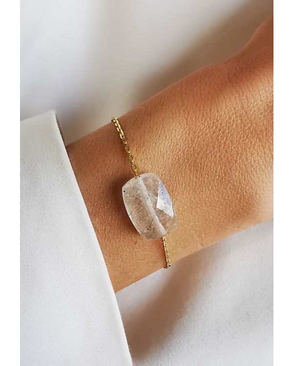 BRANSOLETKA AMULET ZŁOTY RUTYL WYSZLIFOWANY SZLIFEM CUSHION WYKOŃCZONY SREBRNYM ŁAŃCUSZKIEM POKRYTYM 14K ZŁOTEM