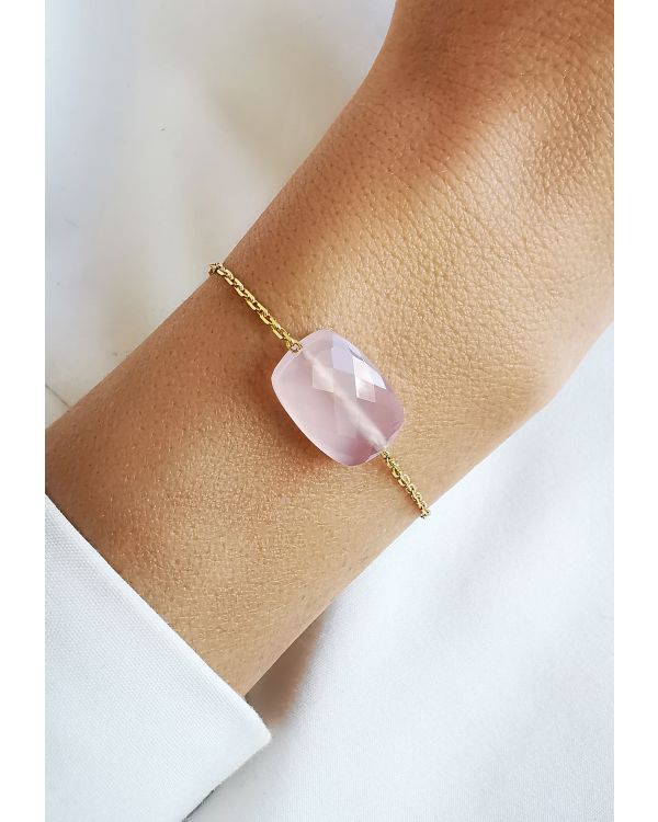 BRANSOLETKA AMULET KWARC RÓŻOWY WYSZLIFOWANY SZLIFEM CUSHION WYKOŃCZONY SREBRNYM ŁAŃCUSZKIEM POKRYTYM 14K ZŁOTEM