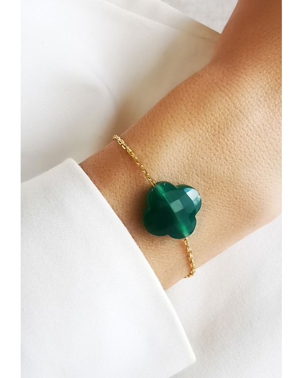 BRANSOLETKA AMULET ZIELONY ONYX W KSZTAŁCIE KONICZYNY SREBRNYM ŁAŃCUSZKIEM POKRYTYM 14 K ZŁOTEM