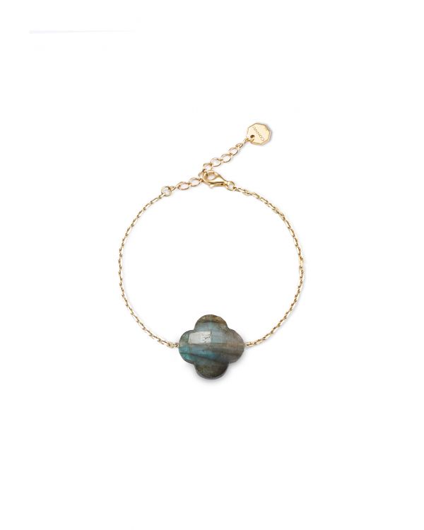 BRANSOLETKA AMULET LABRADORYT W KSZTAŁCIE KONICZYNY WYKOŃCZONY SREBRNYM ŁAŃCUSZKIEM POKRYTYM 14K ZŁOTEM