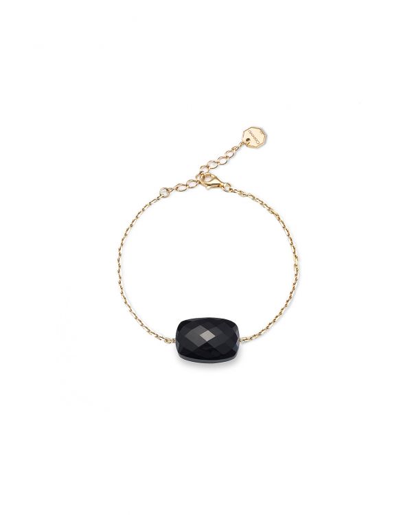 BRANSOLETKA AMULET CZARNY ONYX WYSZLIFOWANY SZLIFEM CUSHION WYKOŃCZONY SREBRNYM ŁAŃCUSZKIEM POKRYTYM 14K ZŁOTEM
