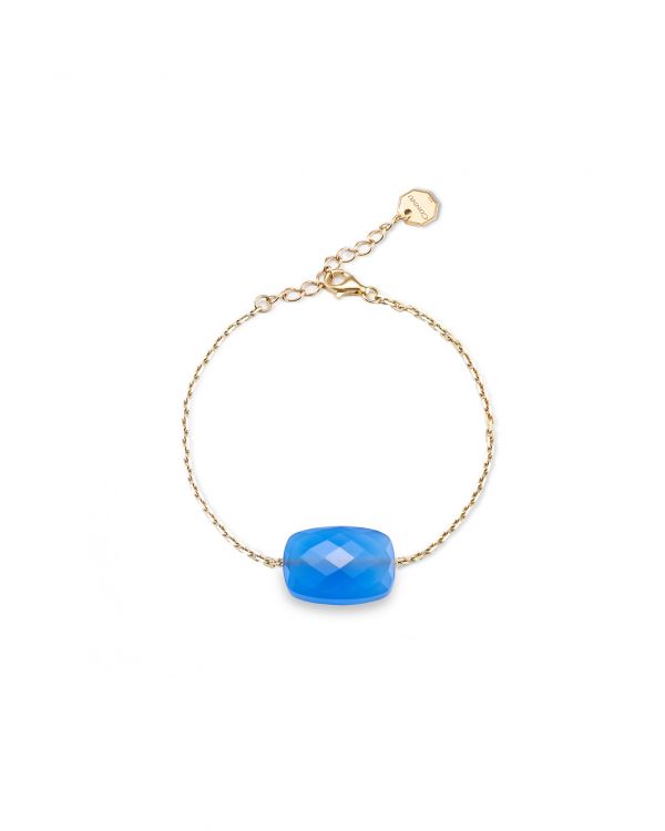 BRANSOLETKA AMULET KWARC NIEBIESKI WYSZLIFOWANY SZLIFEM CUSHION WYKOŃCZONY SREBRNYM ŁAŃCUSZKIEM POKRYTYM 14K ZŁOTEM